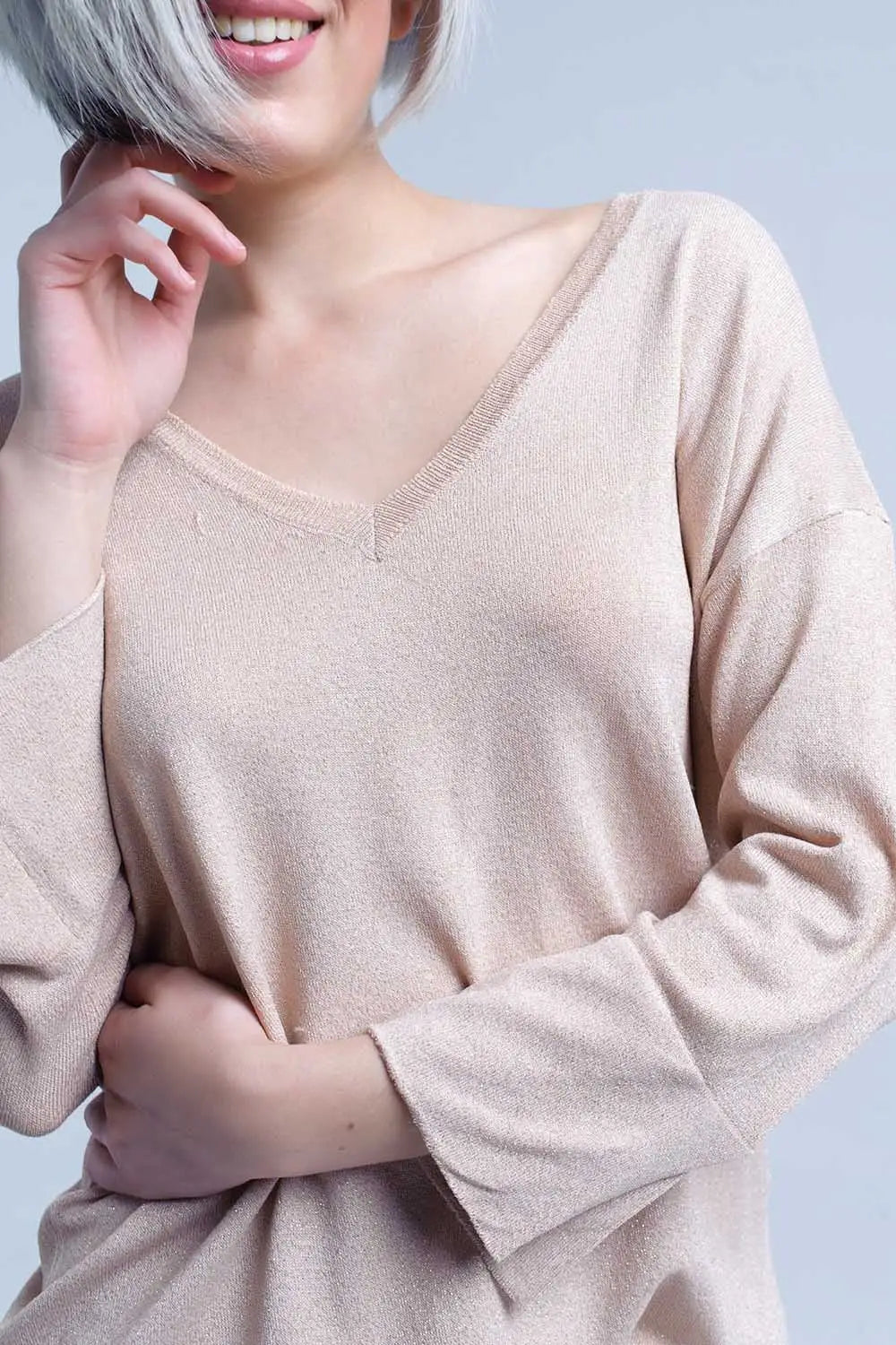 Pull en maille rose avec détail en lurex doré - Pulls