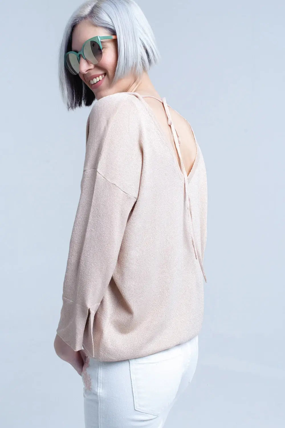 Pull en maille rose avec détail en lurex doré - Pulls
