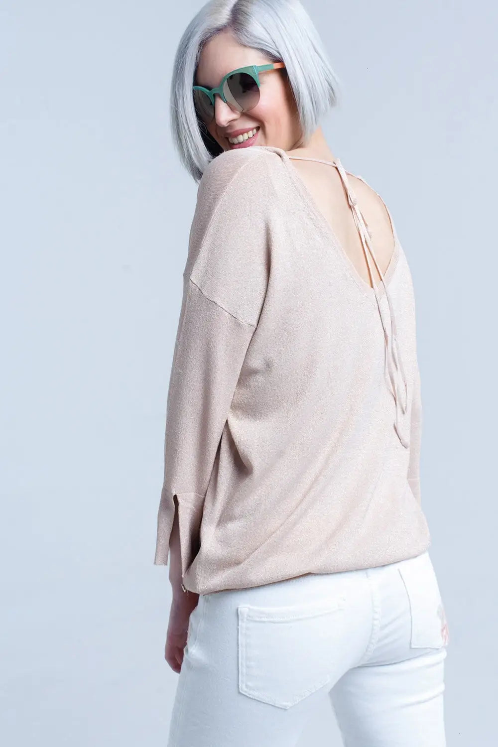 Pull en maille rose avec détail en lurex doré - Pulls