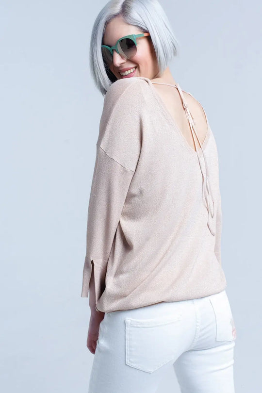 Pull en maille rose avec détail en lurex doré - Pulls