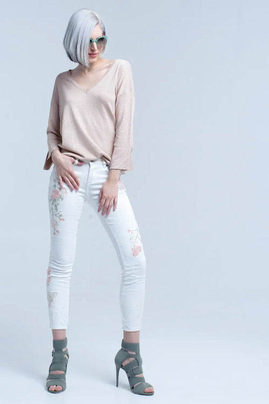 Pull en maille rose avec détail en lurex doré - Pulls