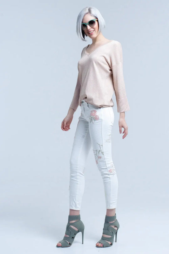 Pull en maille rose avec détail en lurex doré - Pulls