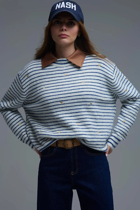 Q2 Pull en tricot à rayures bleues et brodé d&