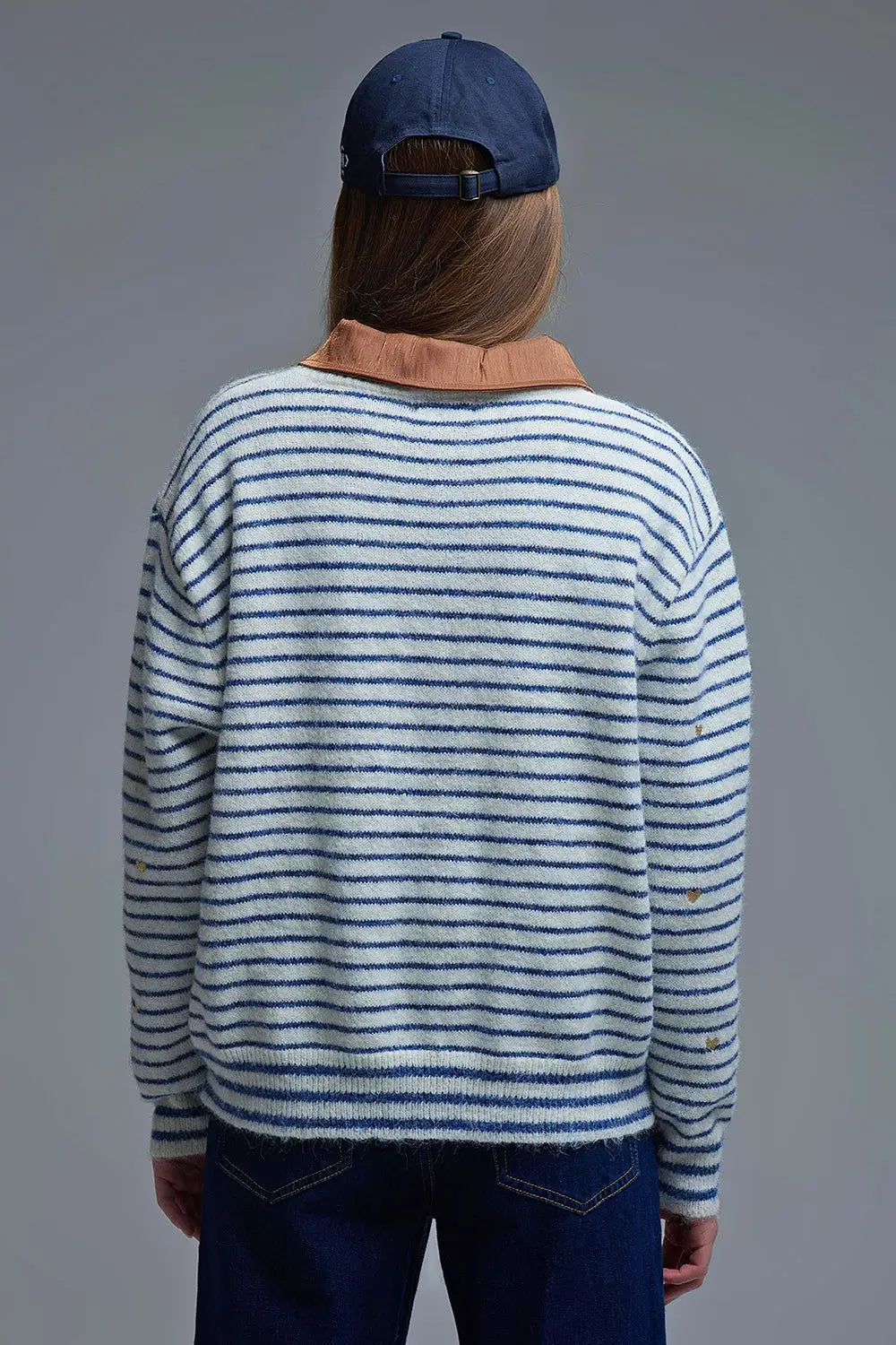 Pull en tricot à rayures bleues et brodé d’un coeur doré - One Size / bleu - Pulls