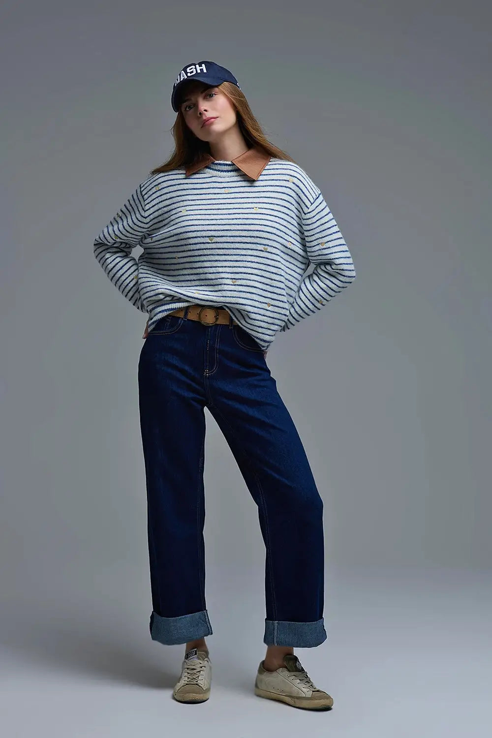 Pull en tricot à rayures bleues et brodé d’un coeur doré - One Size / bleu - Pulls