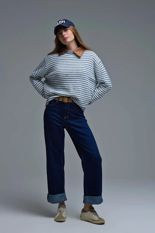 Pull en tricot à rayures bleues et brodé d’un coeur doré - One Size / bleu - Pulls