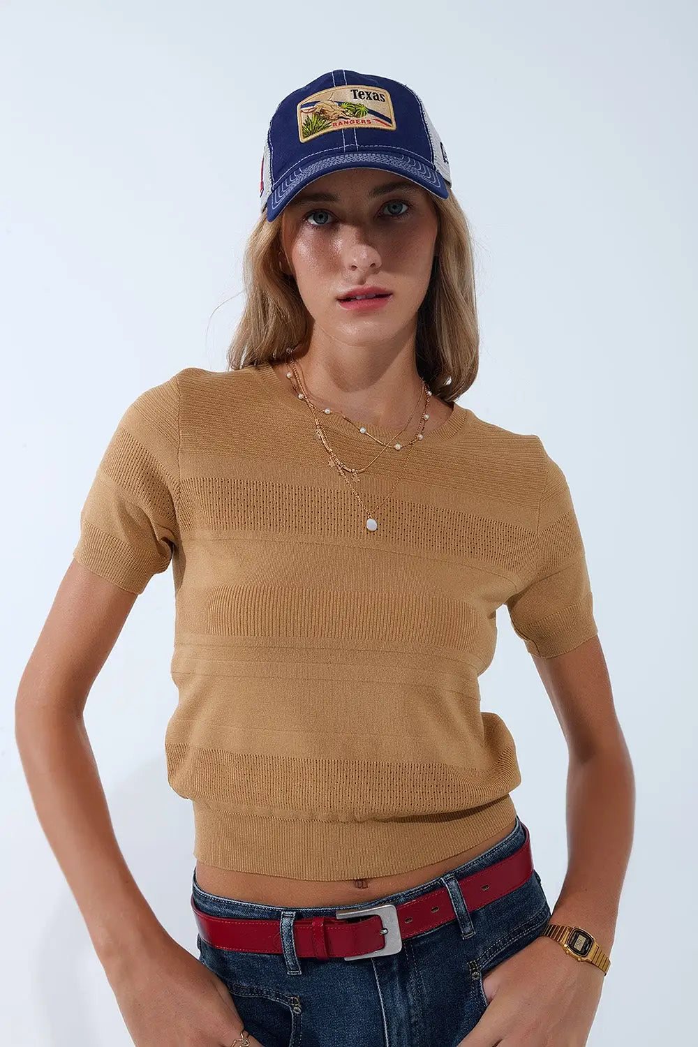 Pull en tricot à rayures texturées camel - One Size / marron - Pulls
