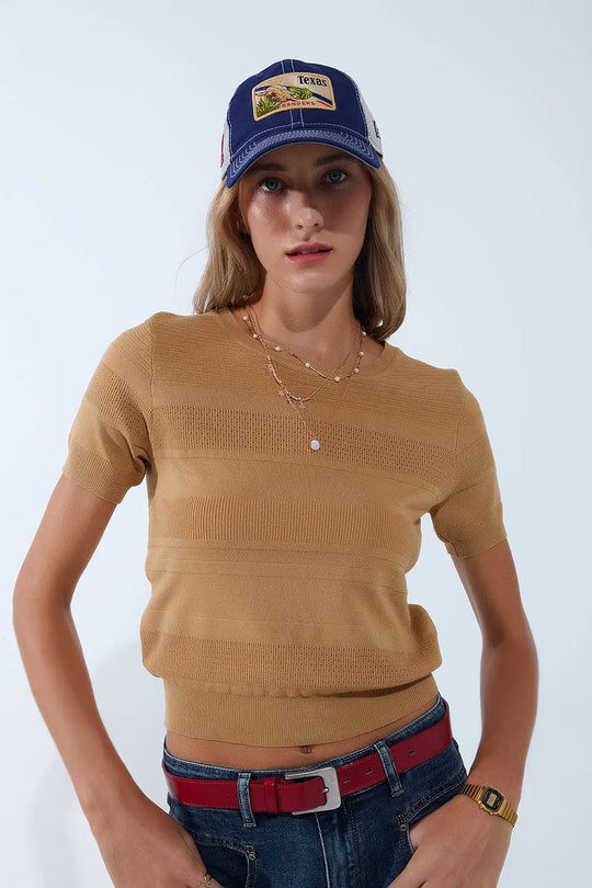 Pull en tricot à rayures texturées camel - One Size / marron - Pulls