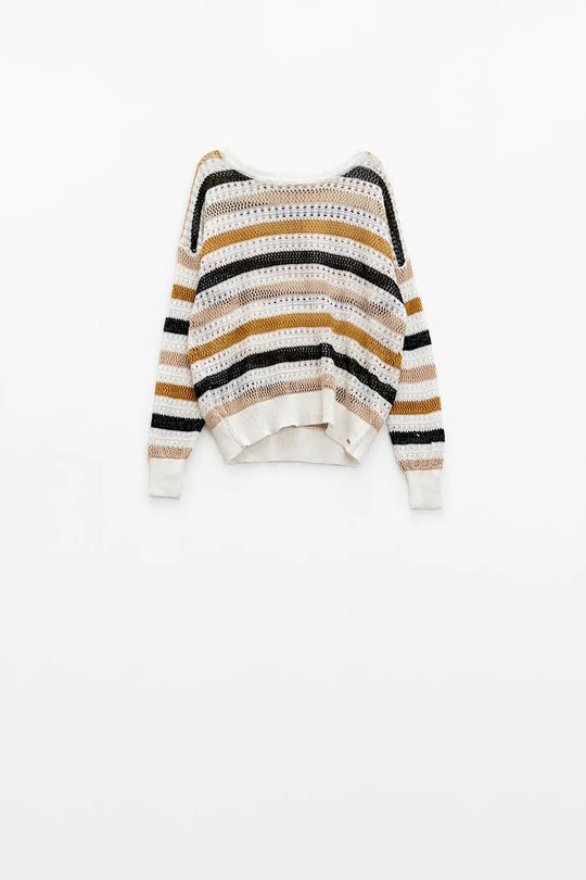 Pull en tricot blanc à rayures multicolores - Pulls