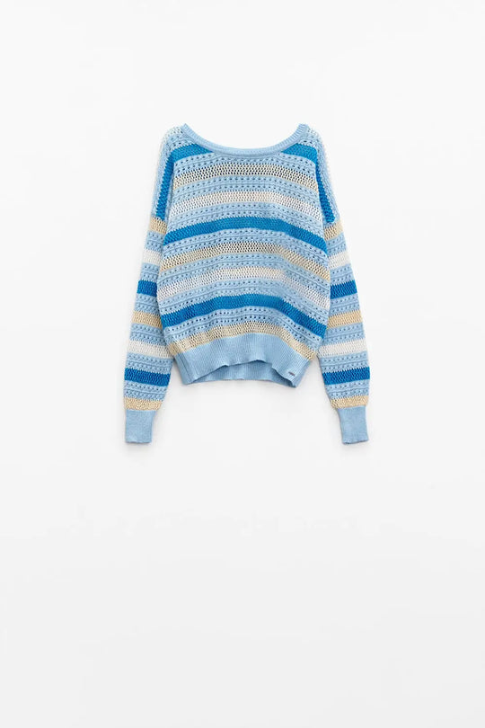 Pull en tricot bleu avec des rayures bleues et blanches - Pulls