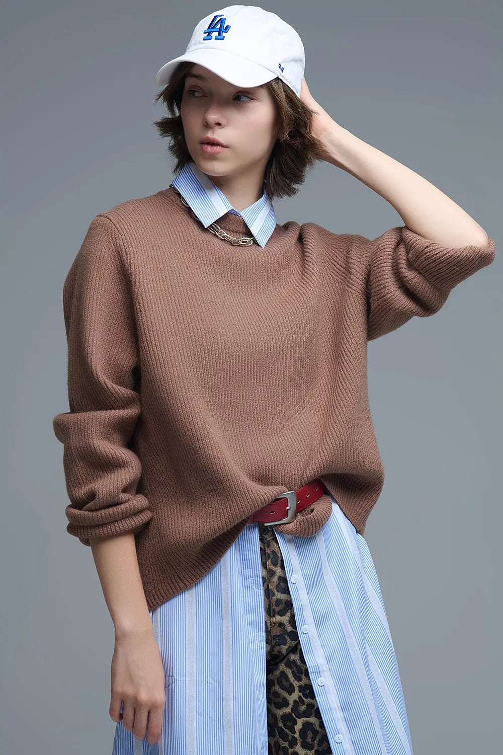 Q2 Pull en tricot confortable côtelé camel