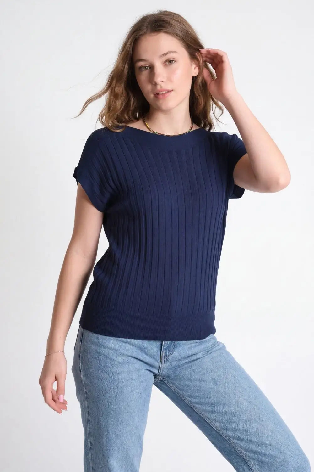 Pull en tricot côtelé fin marine avec col bateau - One Size / bleu