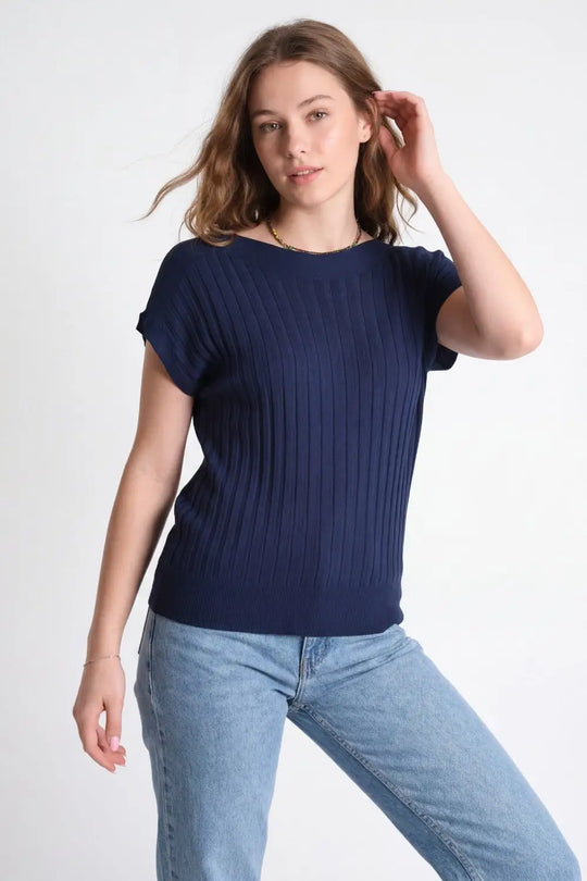 Pull en tricot côtelé fin marine avec col bateau - One Size / bleu