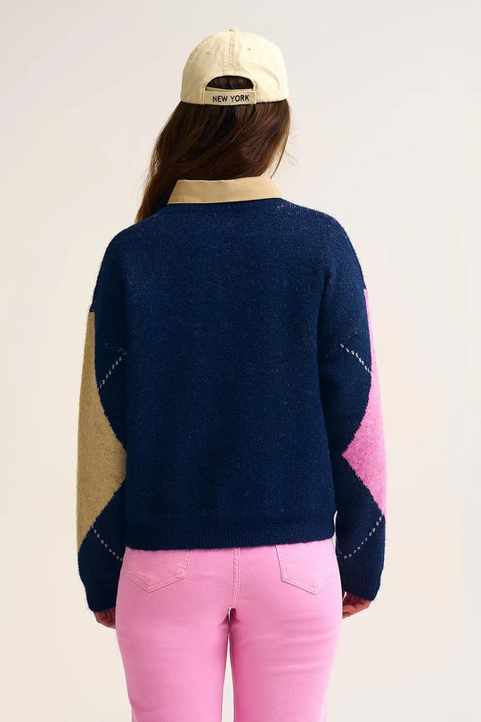 Pull en tricot losange marine avec blocs de couleur contrastés rose et beige - One Size / bleu - Pulls