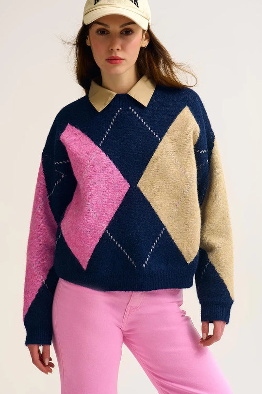 Pull en tricot losange marine avec blocs de couleur contrastés rose et beige - One Size / bleu - Pulls