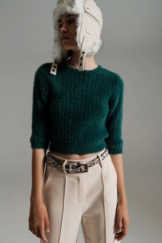 Pull en tricot moelleux vert foncé avec 3/4 manches - Pulls