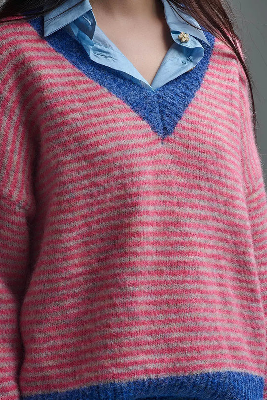 Pull en tricot rayé fuchsia avec détails bleus - One Size / fuchsia - Pulls