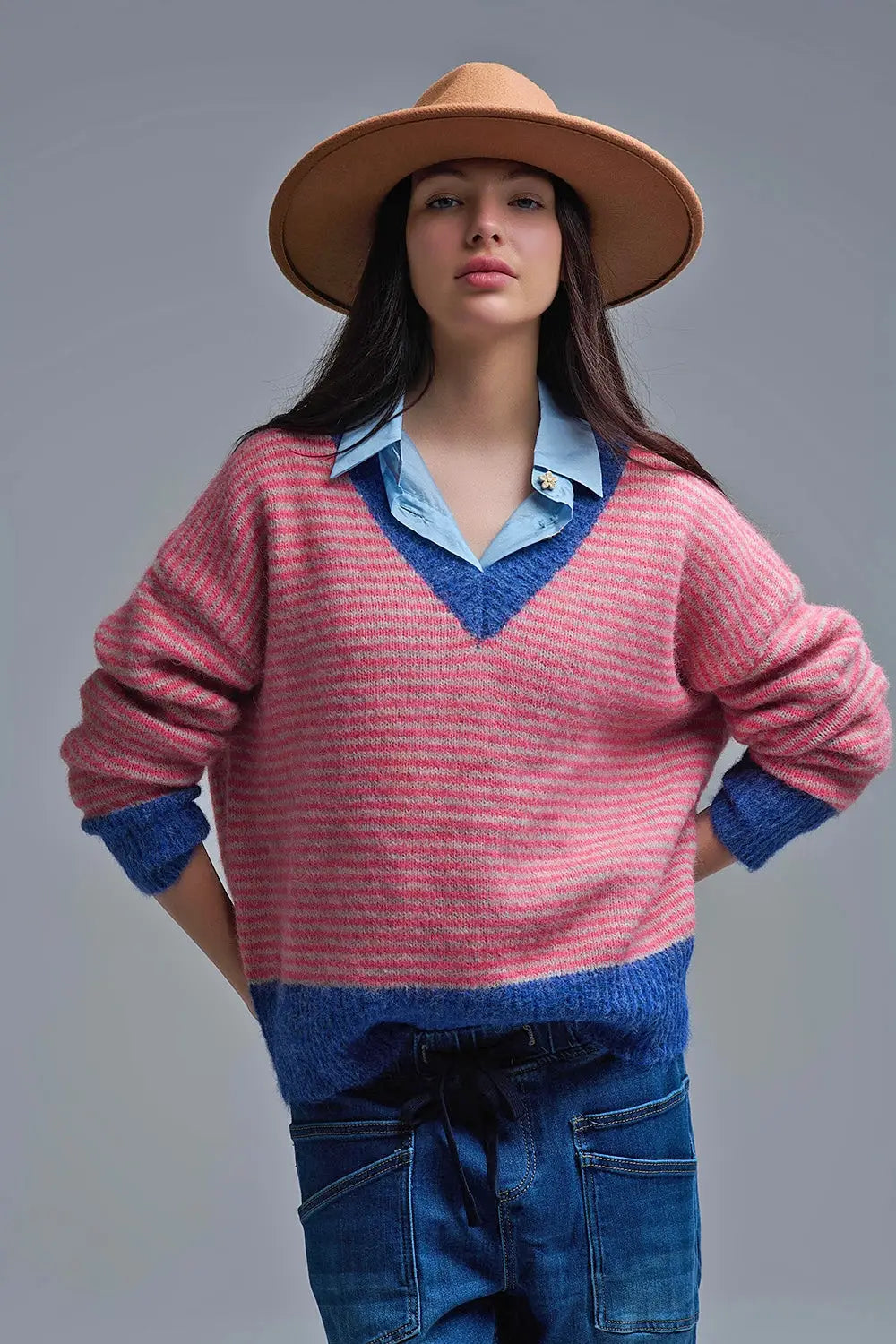 Pull en tricot rayé fuchsia avec détails bleus - One Size / fuchsia - Pulls