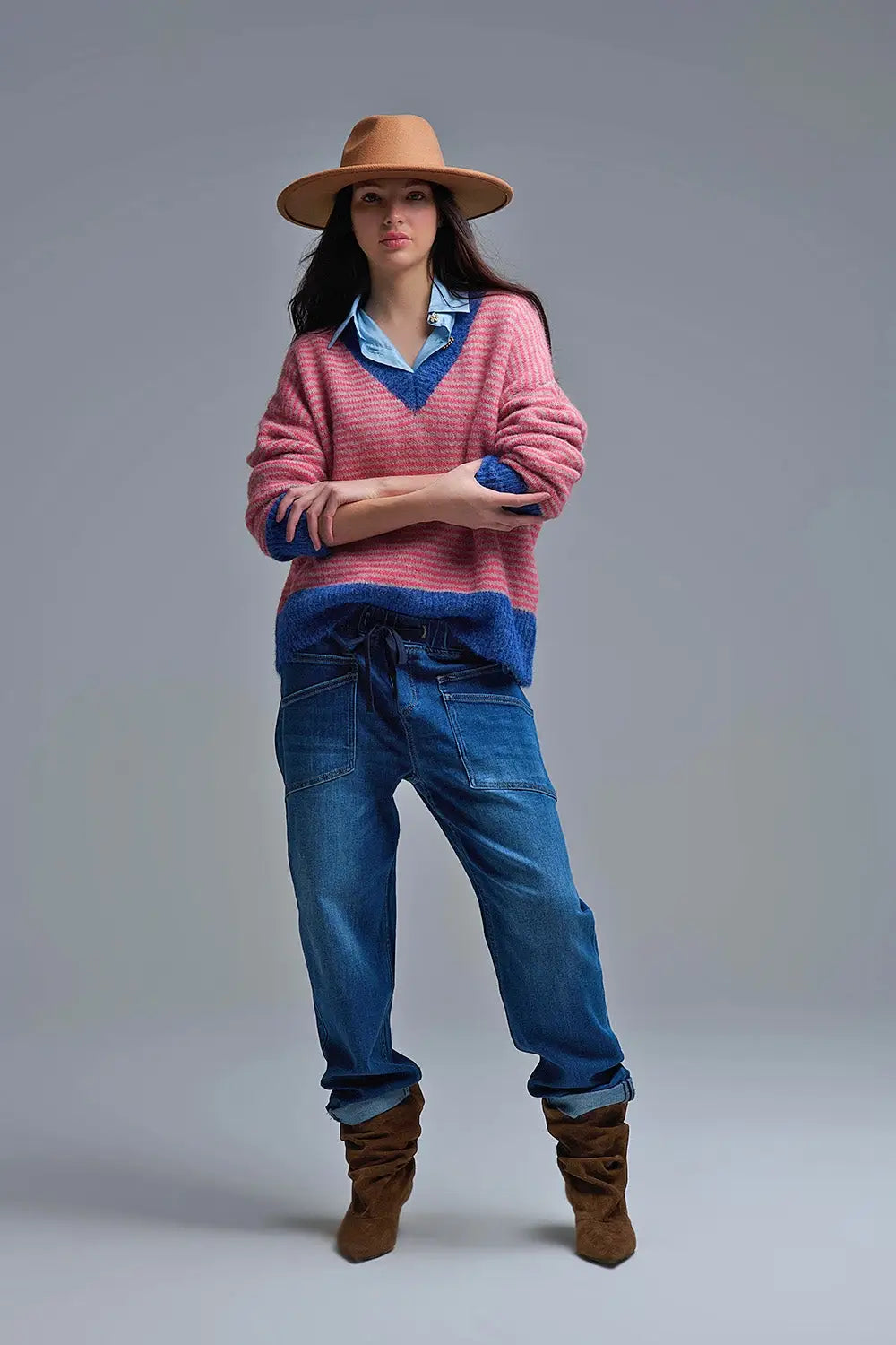 Pull en tricot rayé fuchsia avec détails bleus - One Size / fuchsia - Pulls