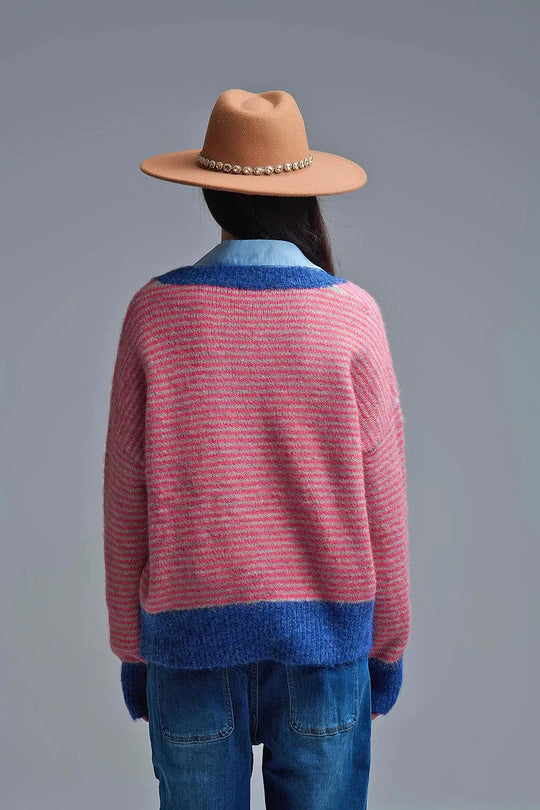 Pull en tricot rayé fuchsia avec détails bleus - One Size / fuchsia - Pulls