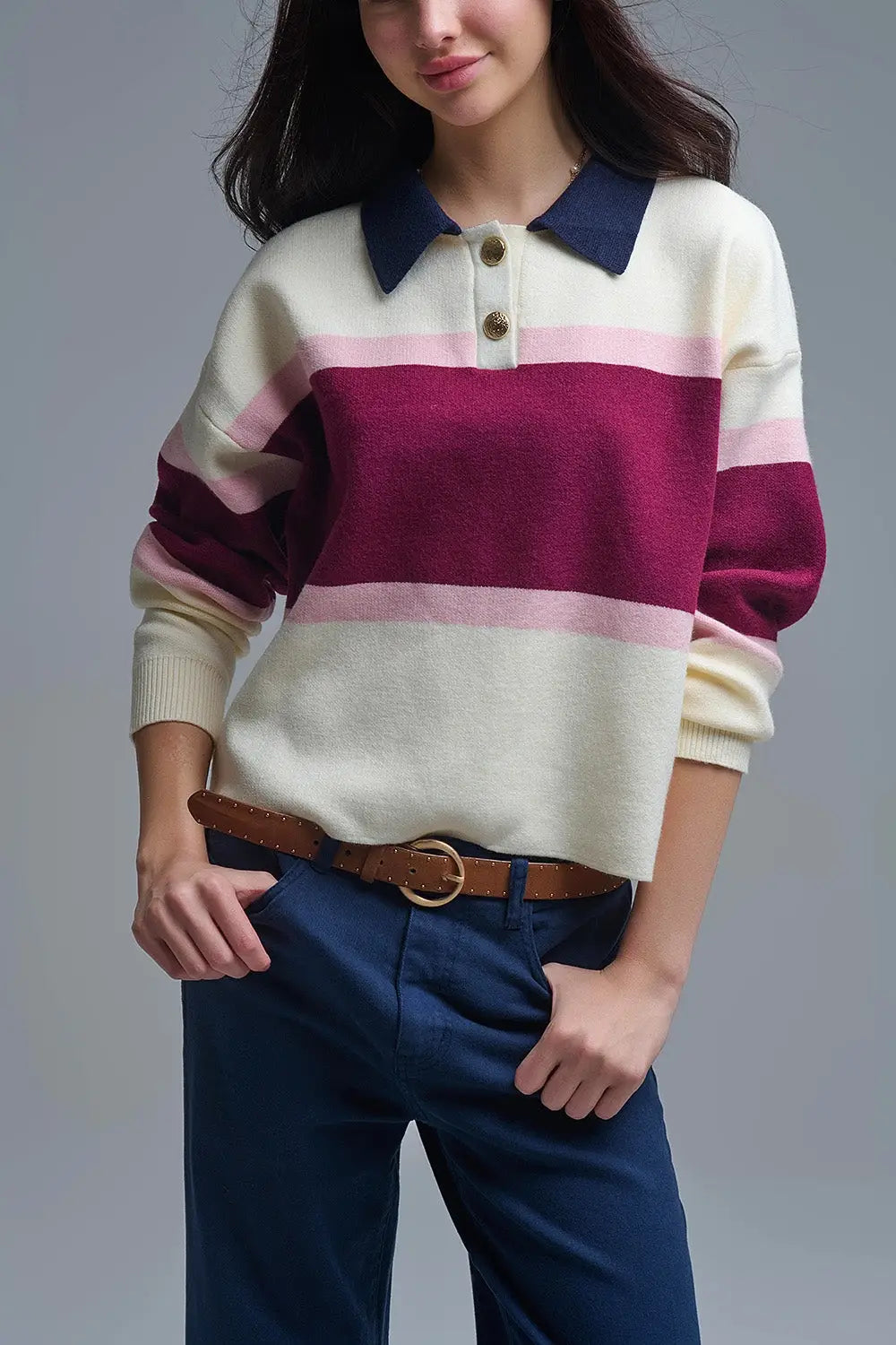 Pull en tricot rayé marron avec boutons - One Size / rouge - Pulls