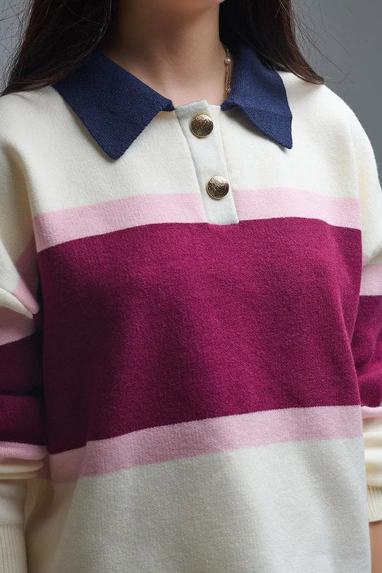 Pull en tricot rayé marron avec boutons - One Size / rouge - Pulls