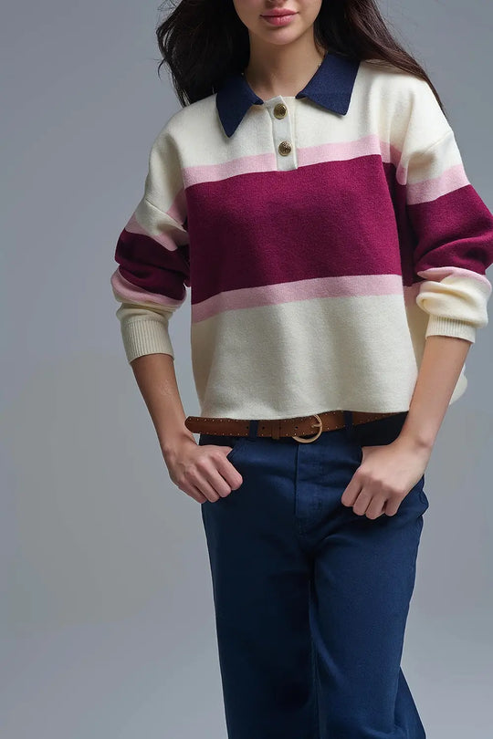 Pull en tricot rayé marron avec boutons - One Size / rouge - Pulls