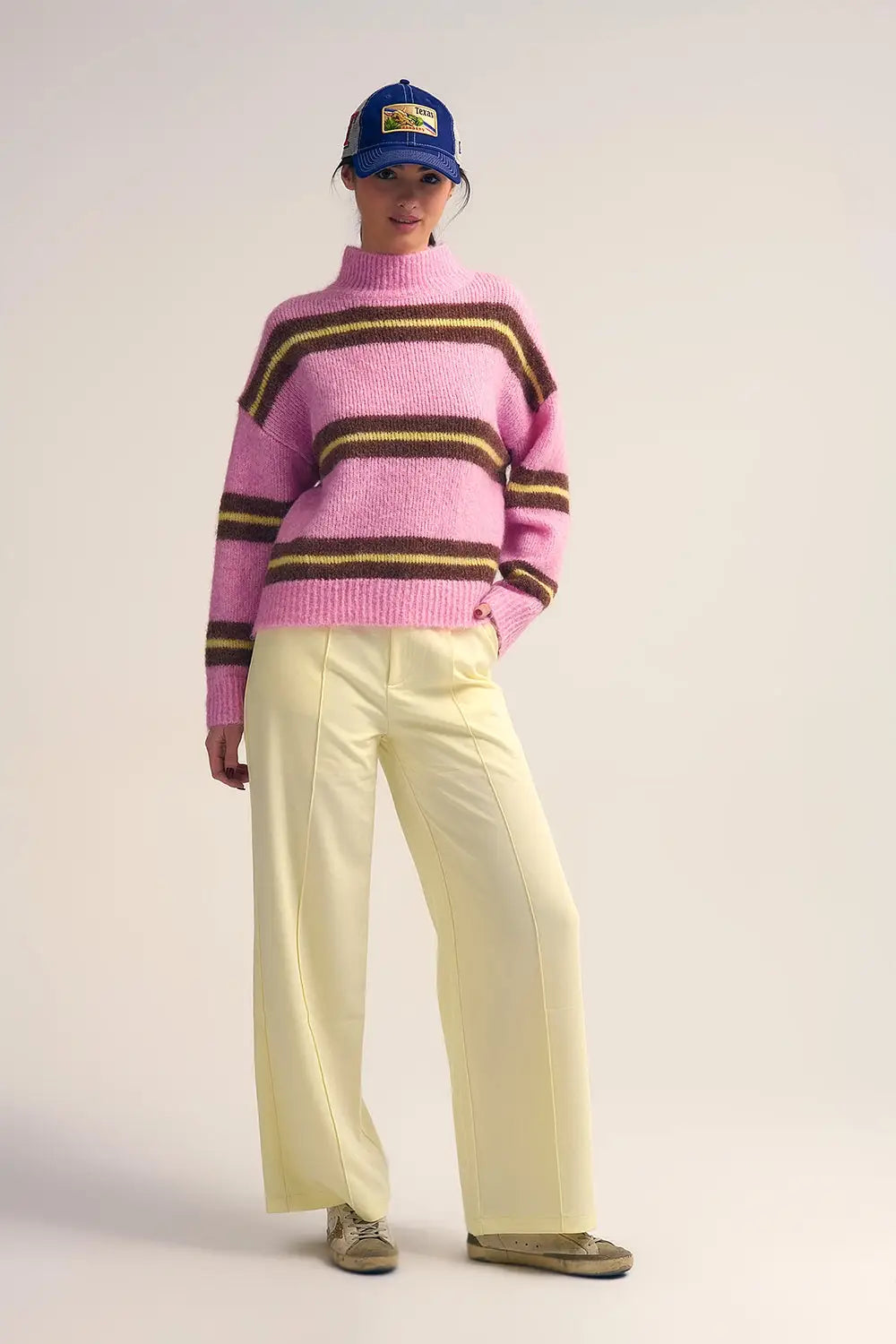 Pull en tricot rose à rayures brunes et jaunes - One Size / rose - Pulls