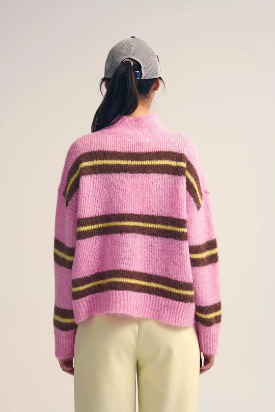 Pull en tricot rose à rayures brunes et jaunes - One Size / rose - Pulls