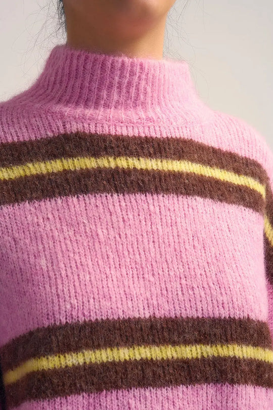 Pull en tricot rose à rayures brunes et jaunes - One Size / rose - Pulls