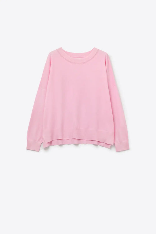 Q2 Pull en tricot rose avec col en maille