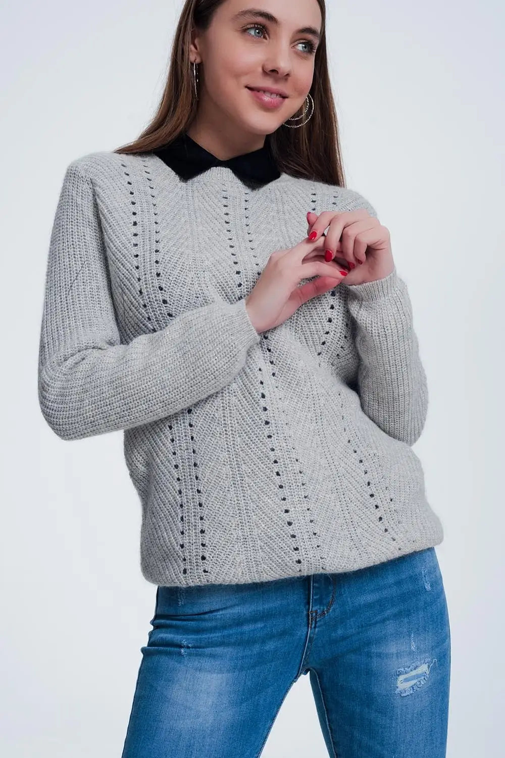 Pull gris en maille ajourée - Pulls