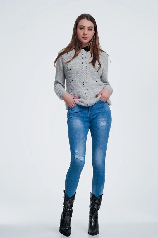 Pull gris en maille ajourée - Pulls