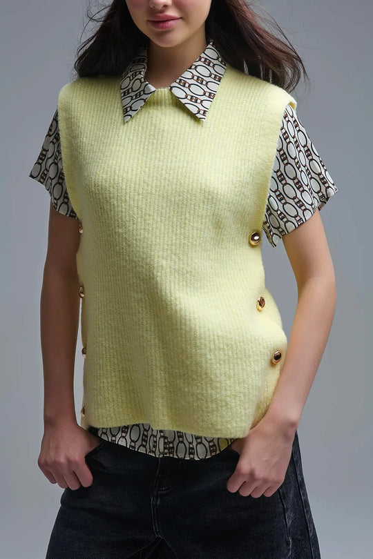Pull jaune sans manches avec boutons dorés sur le côté - One Size / jaune - Pulls