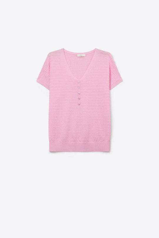 Q2 Pull léger à col en V avec boutons en tricot texturé rose