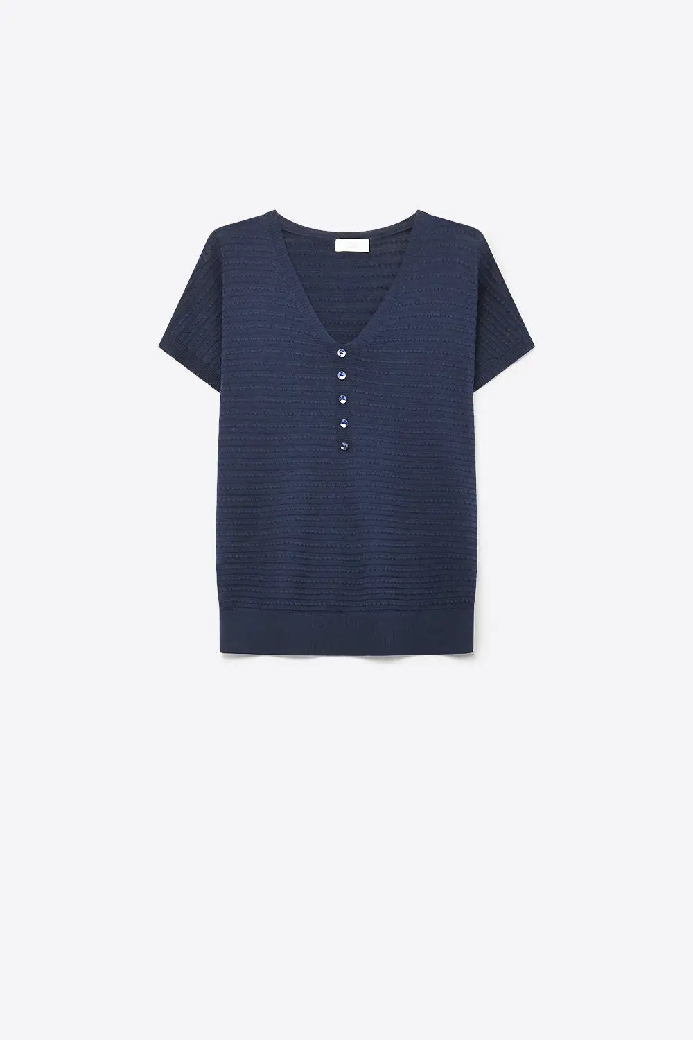 Q2 Pull léger à manches courtes bleu marine en maille avec détail de bouton