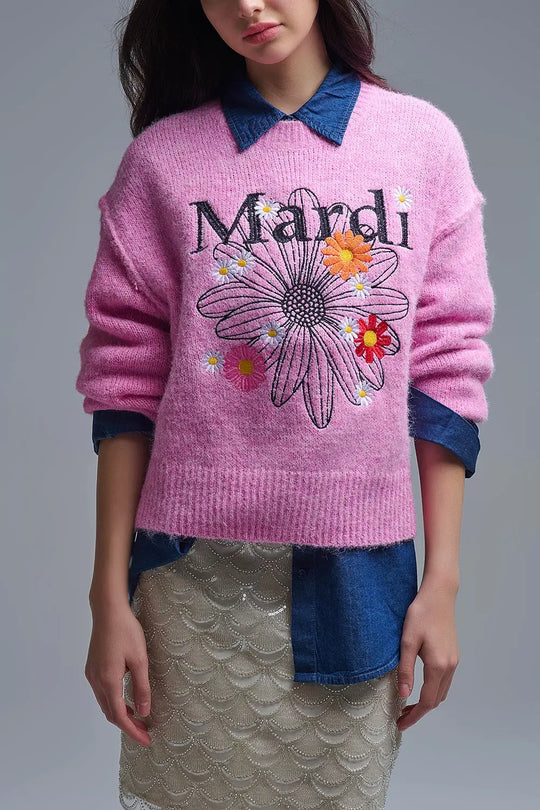 Q2 Pull Mardi brodé rose avec fleurs