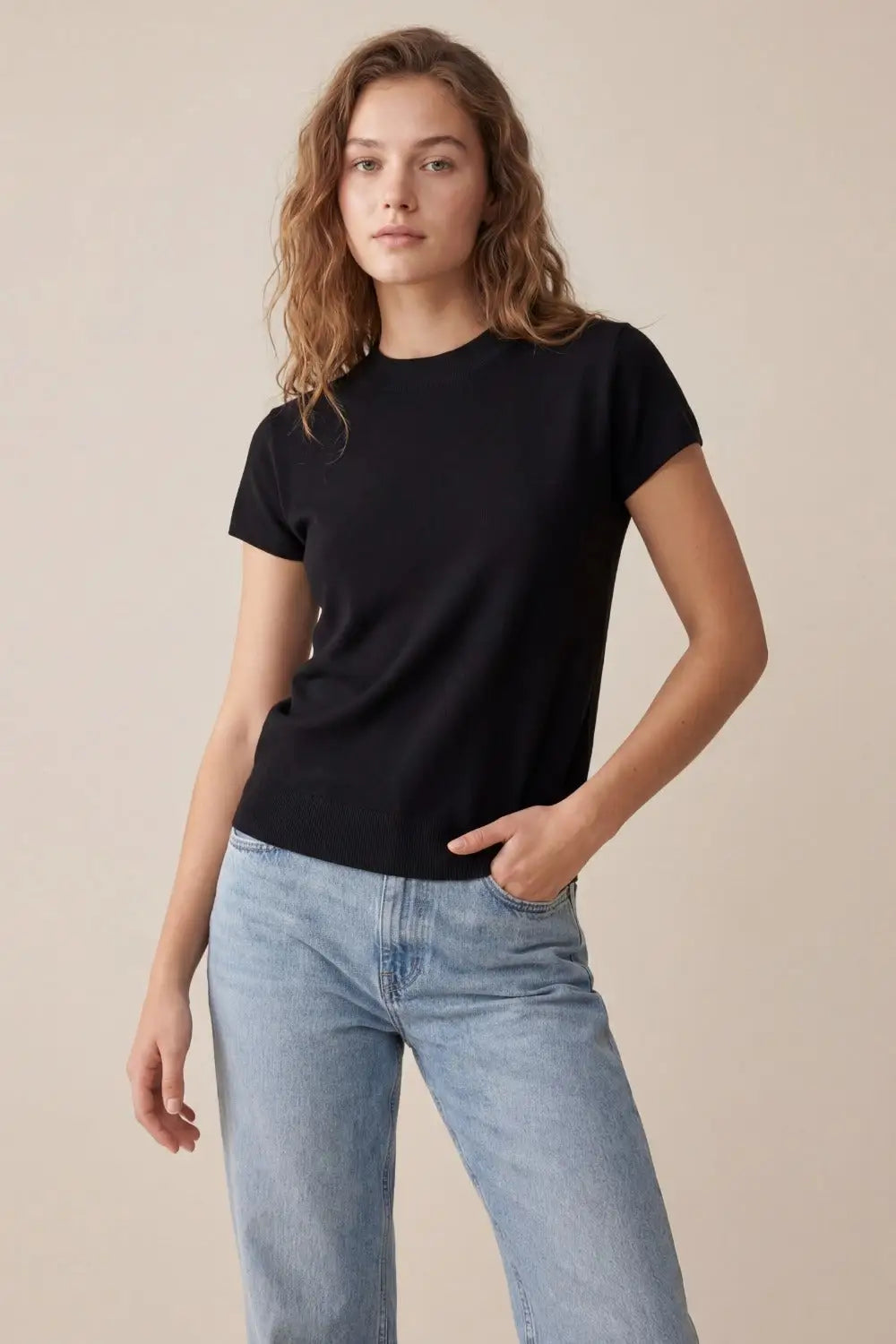 Pull noir à col roulé et manches courtes ajustées - One Size / Negro