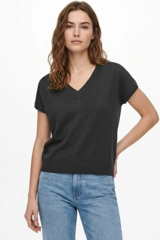 Pull noir en maille légère à col en V et manches courtes - One Size / Negro