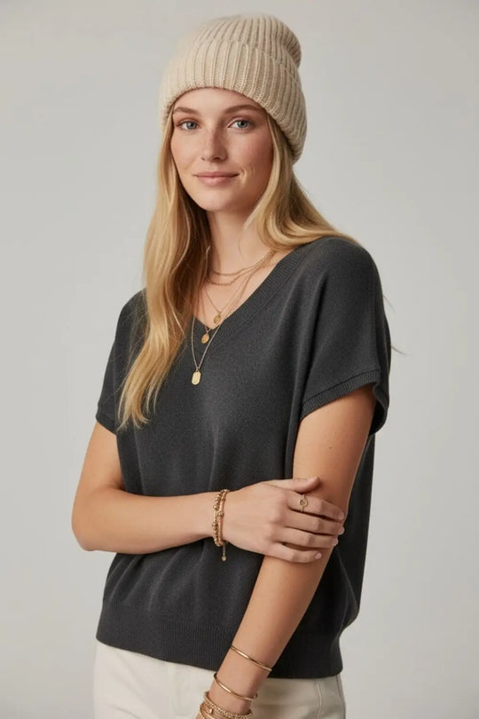 Pull noir en maille légère à col en V et manches courtes - One Size / Negro