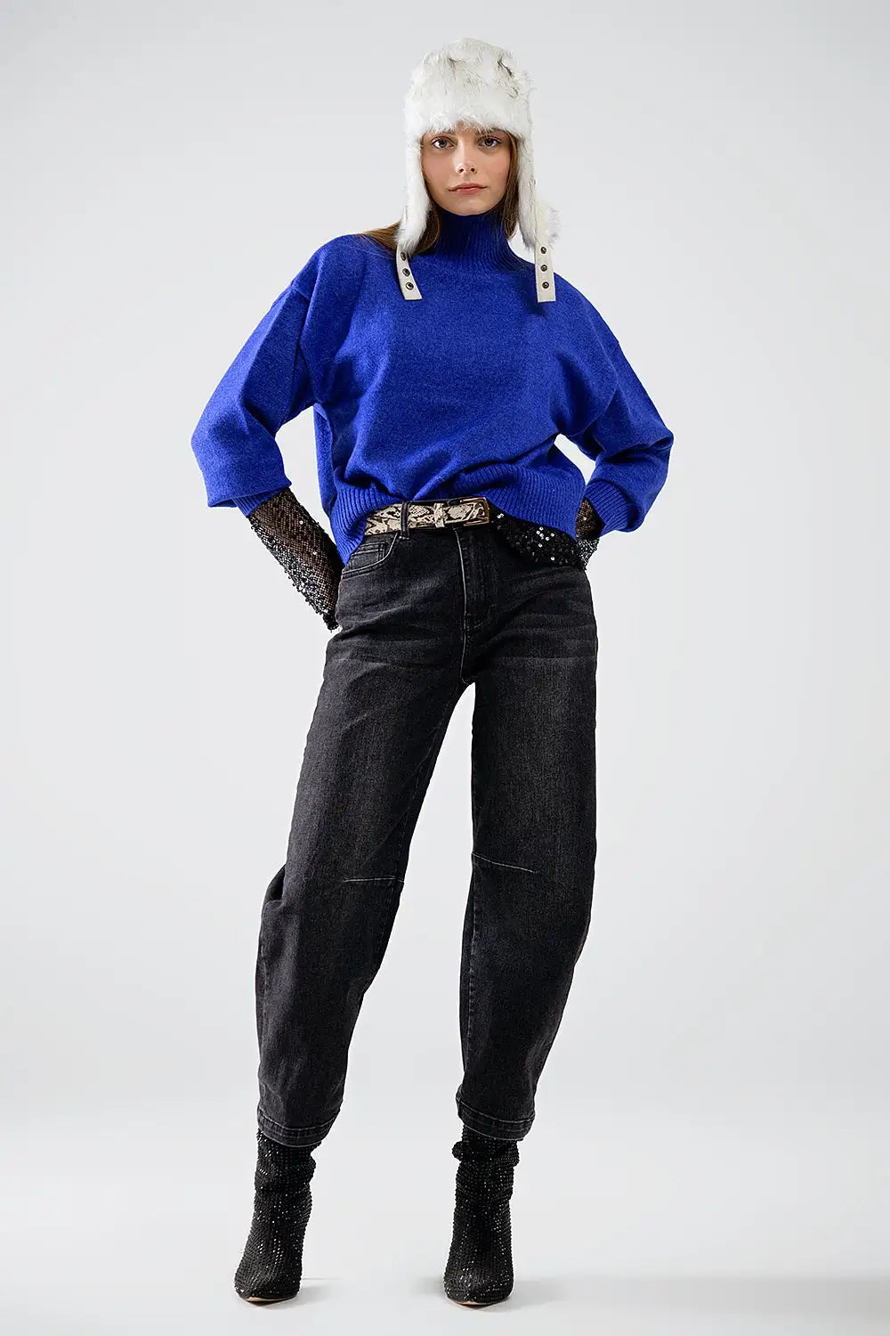pull-over à grosses mailles en bleu avec col roulé - Pulls