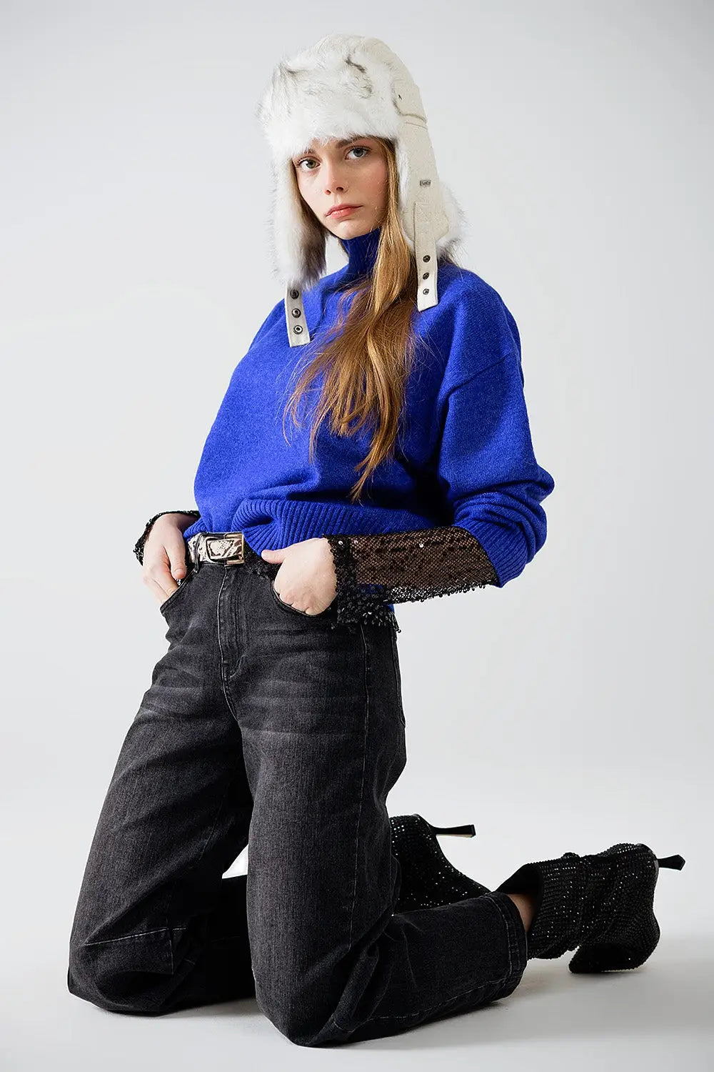 pull-over à grosses mailles en bleu avec col roulé - Pulls