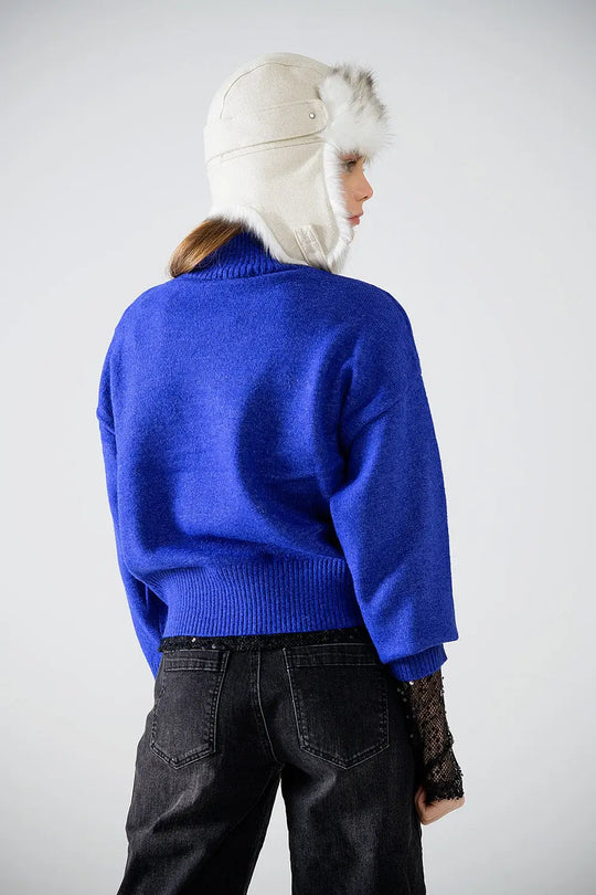 pull-over à grosses mailles en bleu avec col roulé - Pulls