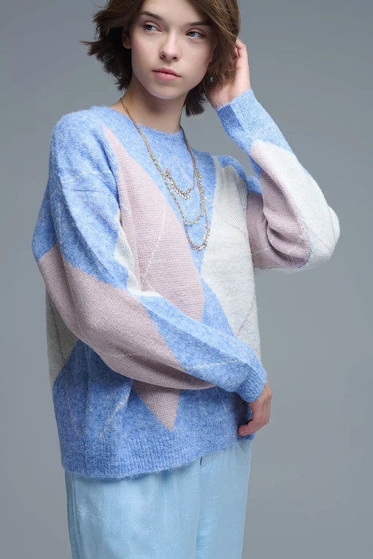 pull-over ample bleu ciel à motifs de losanges - One Size / bleu - Pulls
