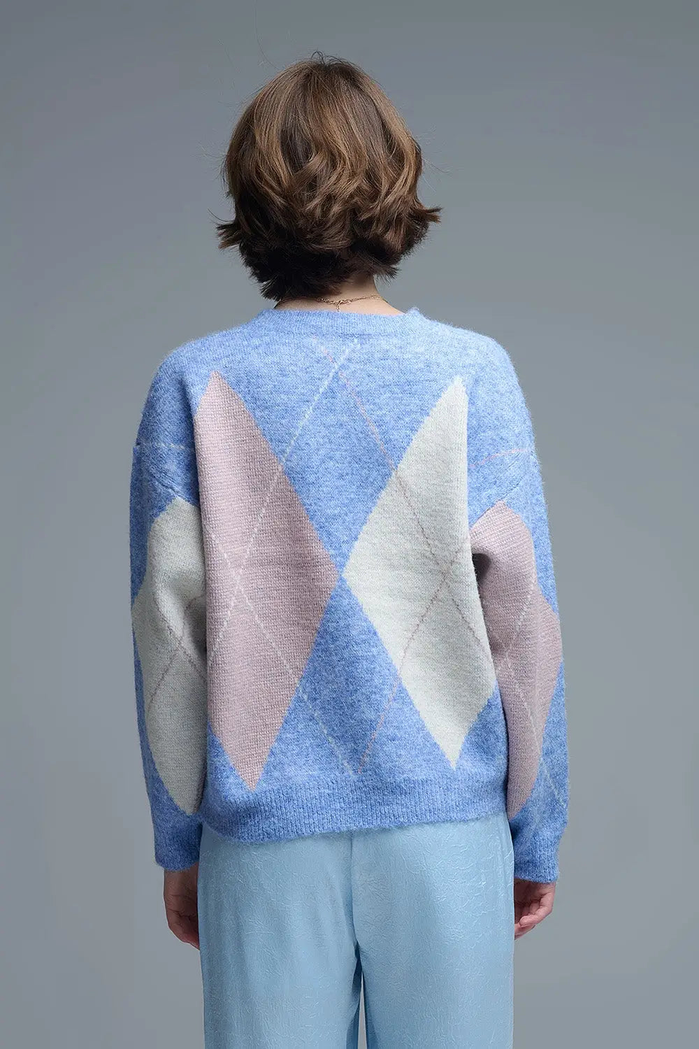 pull-over ample bleu ciel à motifs de losanges - One Size / bleu - Pulls