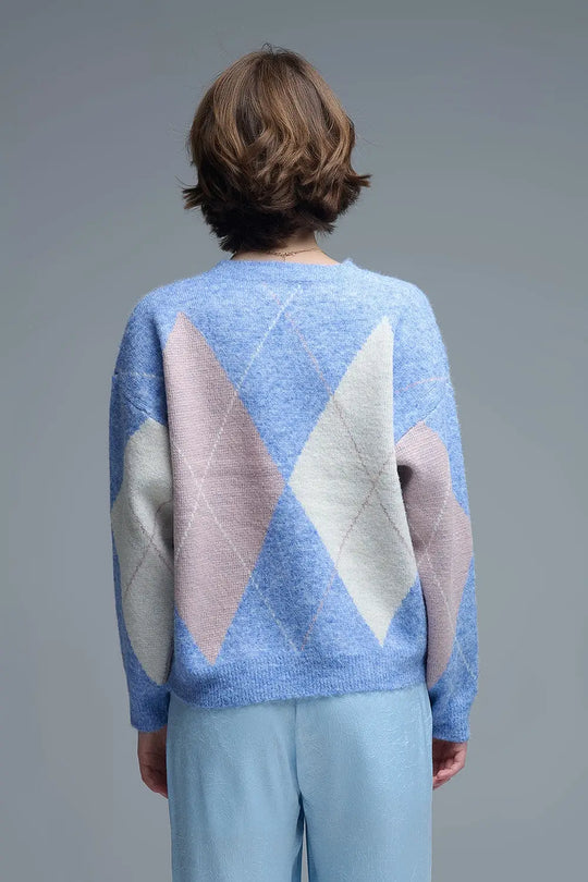 pull-over ample bleu ciel à motifs de losanges - One Size / bleu - Pulls