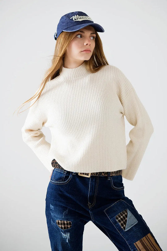 pull-over décontracté à col montant en côtes de couleur crème - Pulls
