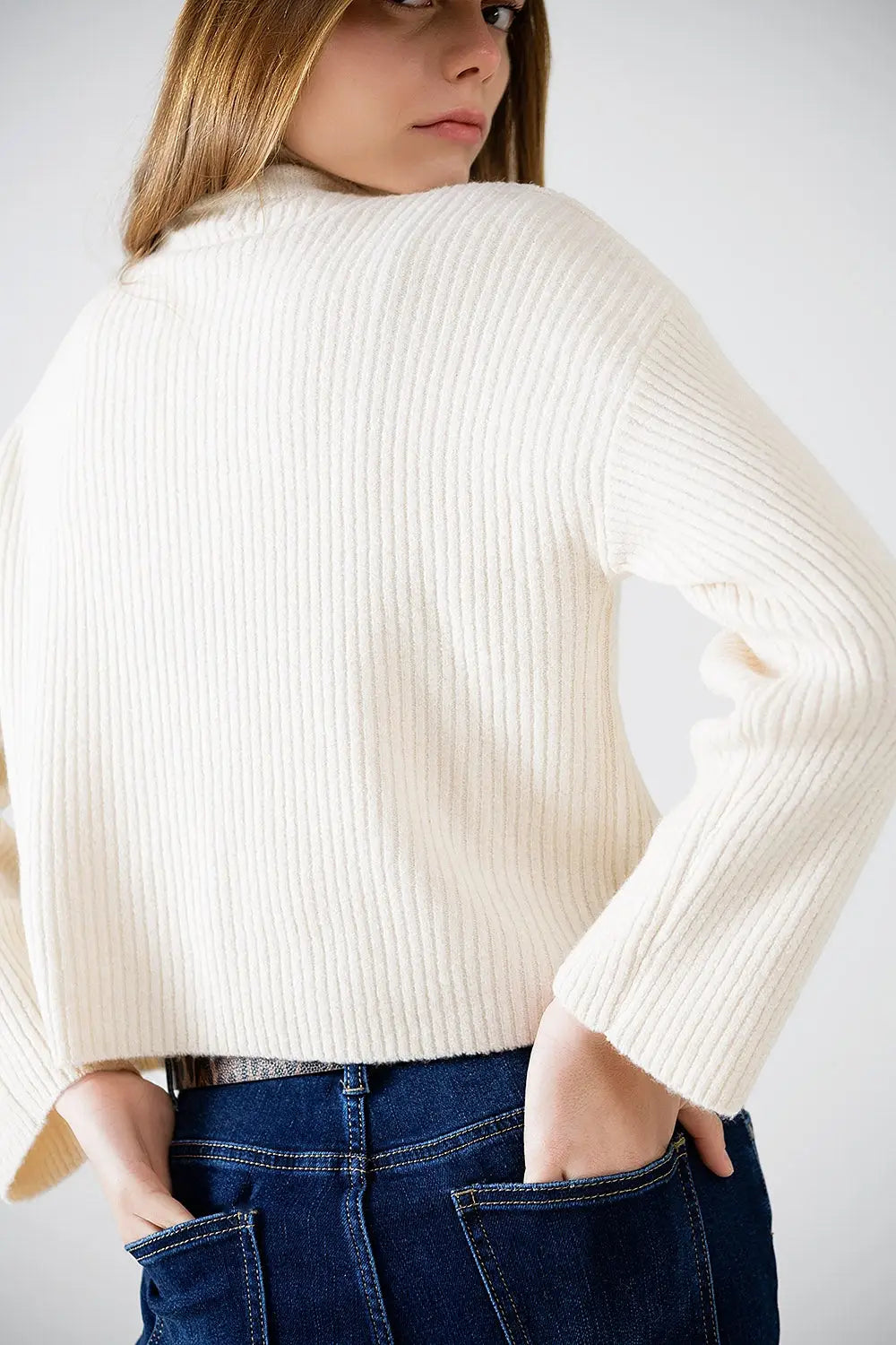 pull-over décontracté à col montant en côtes de couleur crème - Pulls