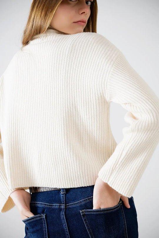 pull-over décontracté à col montant en côtes de couleur crème - Pulls