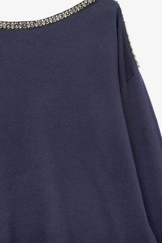 pull-over en maille fine marine avec col bateau et détails en strass - One Size / bleu